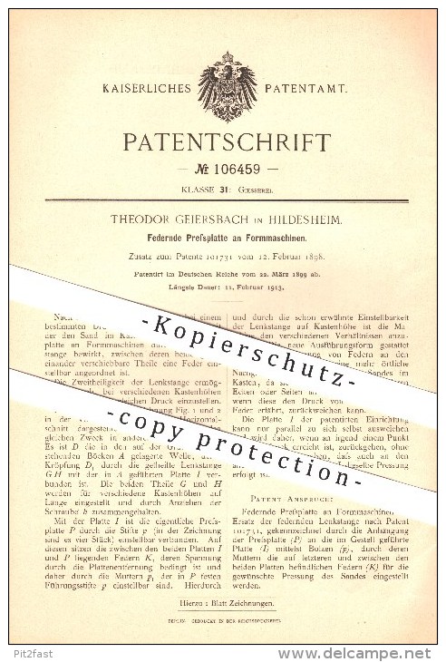 Original Patent - Theodor Geiersbach In Hildesheim , 1899 , Federnde Pressplatte An Formmaschinen , Giesserei !!! - Hildesheim