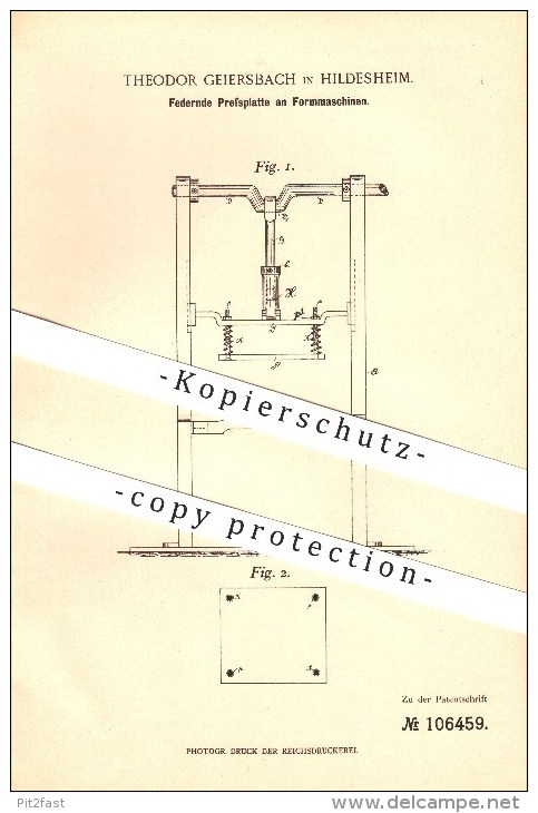 Original Patent - Theodor Geiersbach In Hildesheim , 1899 , Federnde Pressplatte An Formmaschinen , Giesserei !!! - Hildesheim