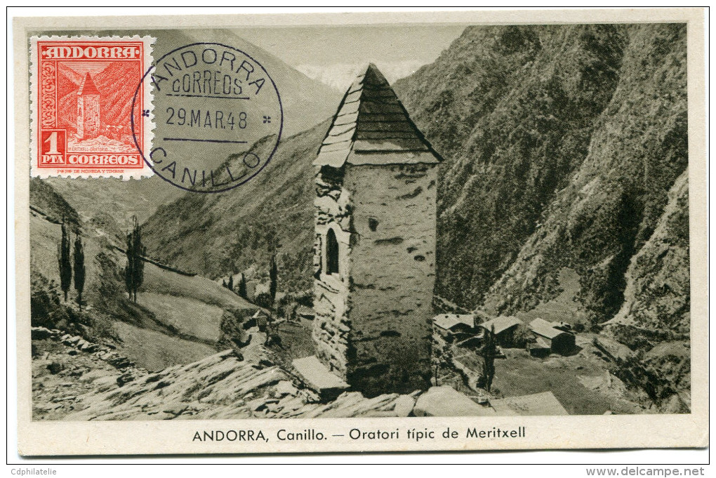 ANDORRE ESPAGNOL CARTE MAXIMUM DU N°49  1p. ORATOIRE DE MERITXELL OBLITERATION ANDORRA 29 MAR. 48 - Lettres & Documents