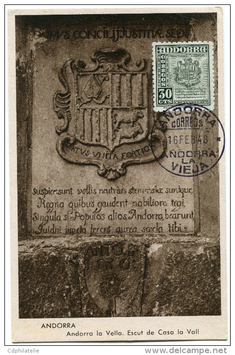 ANDORRE ESPAGNOL CARTE MAXIMUM DU N°45  30c. ARMOIRIES  OBLITERATION ANDORRA 16 FEB. 48 - Storia Postale