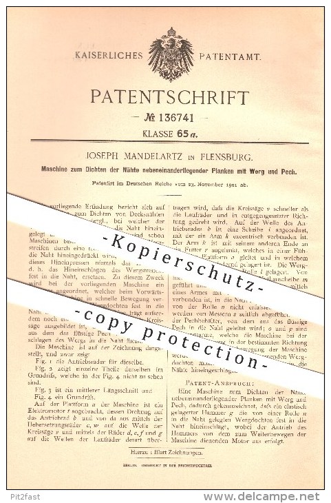 Original Patent - Joseph Mandelartz In Flensburg , 1901 , Maschine Zum Dichten Der Nähte An Planken !!! - Flensburg