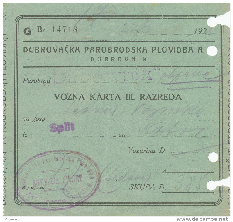 1928 DUBROVACKA PAROBRODSKA PLOVIDBA Billet Bateau Vapeur - Boat Ticket ''DUBROVNIK'' STEAMSHIP TICKET, III Class - Europe