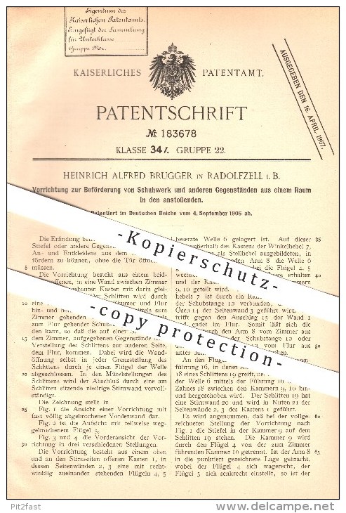 Original Patent - Heinrich A. Brugger In Radolfzell , 1906 , Vorrichtung Zur Beförderung Von Schuhwerk Aus Einem Raum !! - Radolfzell