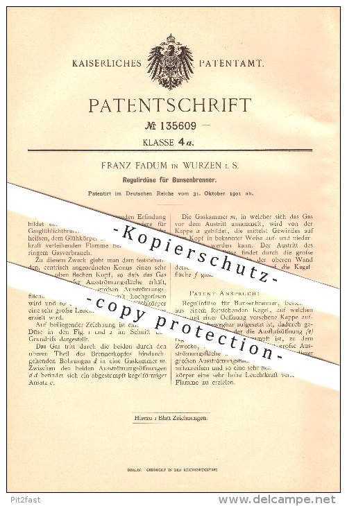 Original Patent - Franz Fadum In Wurzen I. S. , 1901 , Regulierdüse Für Bunsenbrenner , Gas , Gasbrenner !!! - Wurzen