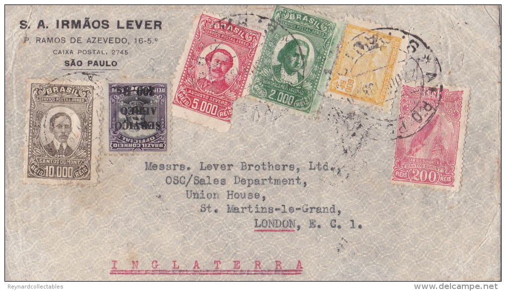 1931 Brazil Airmail Cover To London, Multistamped Inc Servico Aero O/prt - Airmail