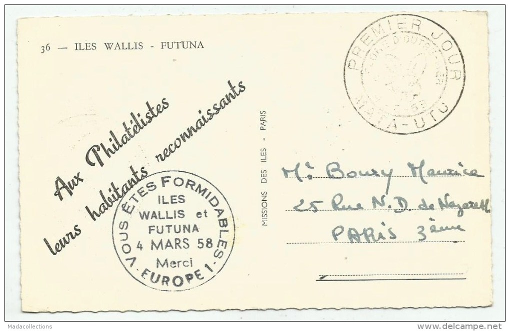 Iles WALLIS ET FUTUNA  36 -  OBLITERATION 1er JOUR MATA-UTU 4-8-58 + CACHET "VOUS ETES FORMIDABLES - Wallis-Et-Futuna