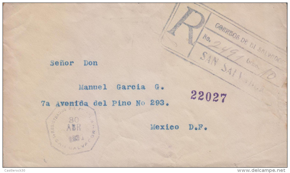 G)1935 EL SALVADOR, POLICE BARRACKS-TULLA SERRA, EL SALVADOR & MEXICO REGISTERED SEALS, CIRCULATED COVER TO MEXICO, XF - El Salvador