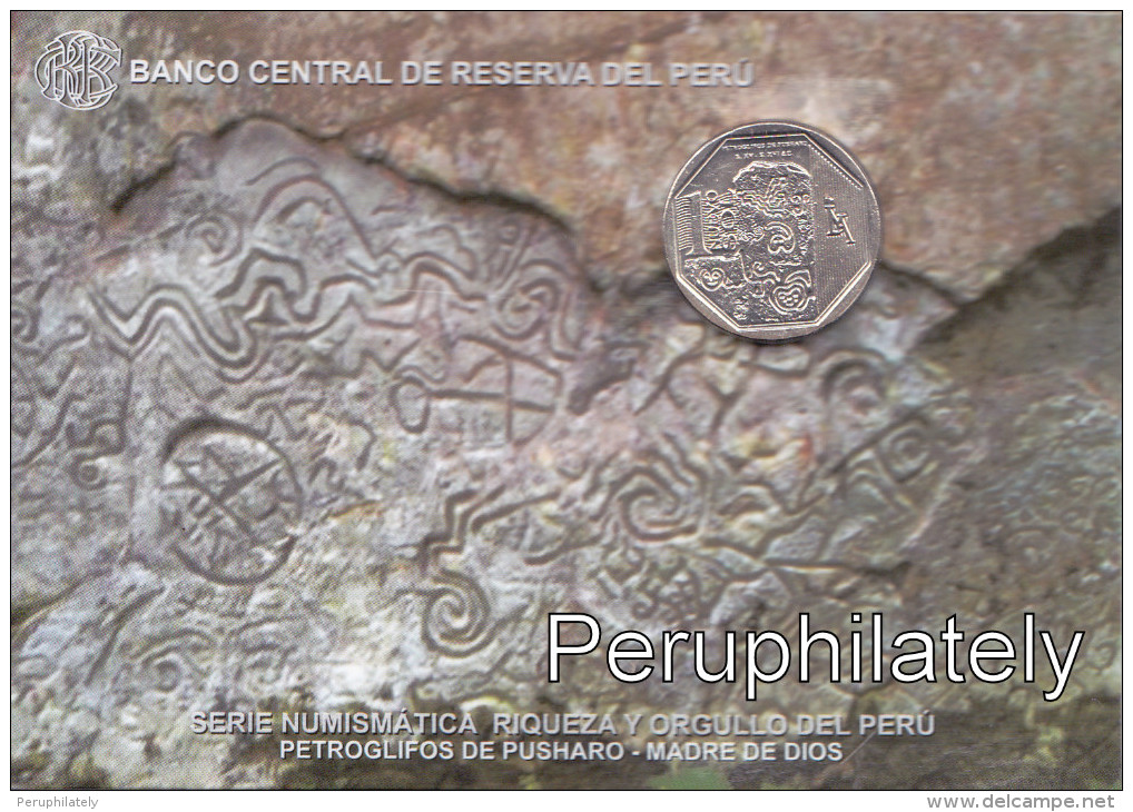 PERU 2015 , PETROGLIFOS DE PUSHARO , 1 NUEVO SOL , COIN ON CARD , MINT - Perú