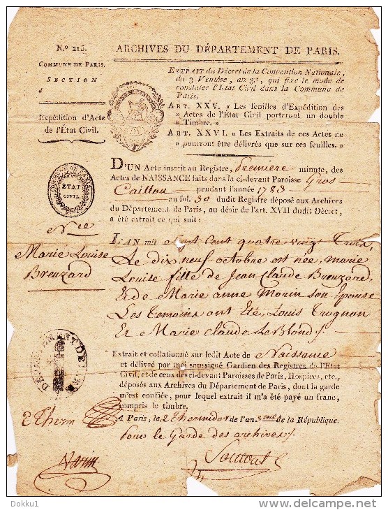 Extrait D´acte De Naissance, 1794 - Paris, Le 2 Thermidor De L´an 3 De La République - Manuscrits