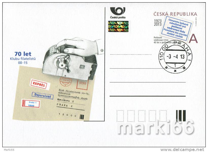 Czech Republic - 2013 - 40 Years Of Postal Codes & 70 Years Of Philatelic Club - Postcard With First Day Postmark - Cartes Postales