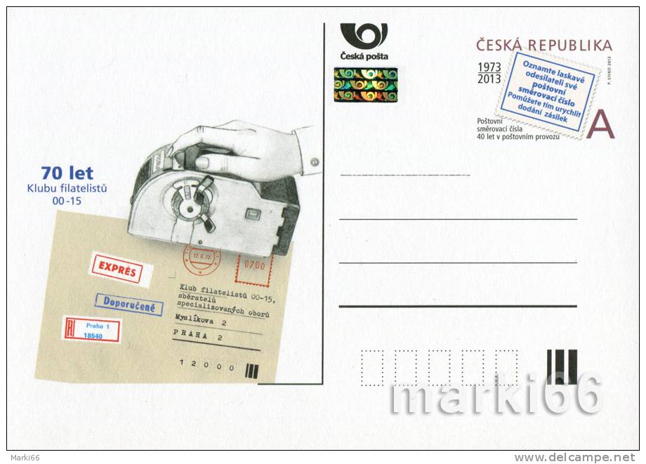 Czech Republic - 2013 - 40 Years Of Postal Codes & 70 Years Of Philatelic Club - Postcard With Original Stamp - Cartes Postales