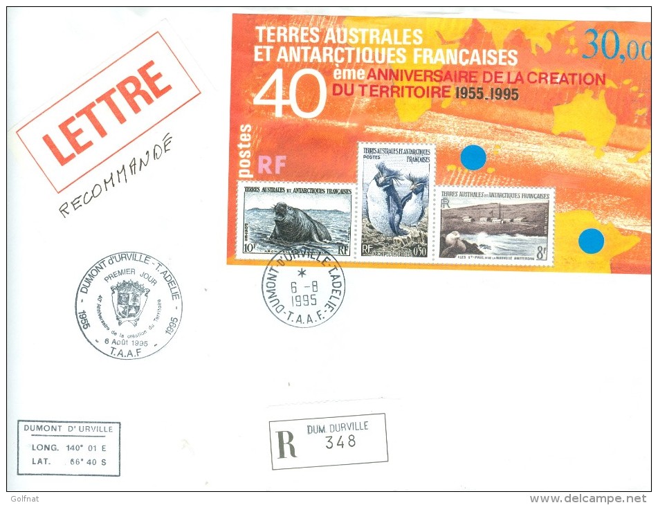 TAAF LETTRE RECOMMANDEE BLOC 40° ANNIVERSAIRE TERRE A ADELIE 6/8/1995 - Storia Postale