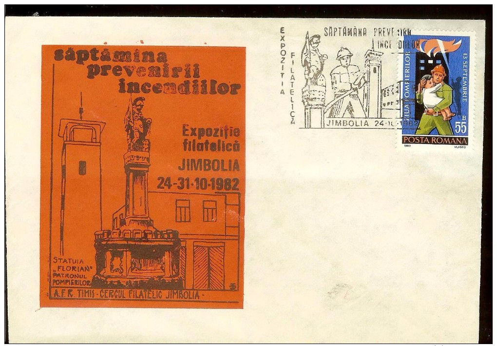Romania, Cover, Fireman, Fire Prevention Week, Jimbolia 1982, Statue Of The Saint Florian, Firefighters Saint - Firemen