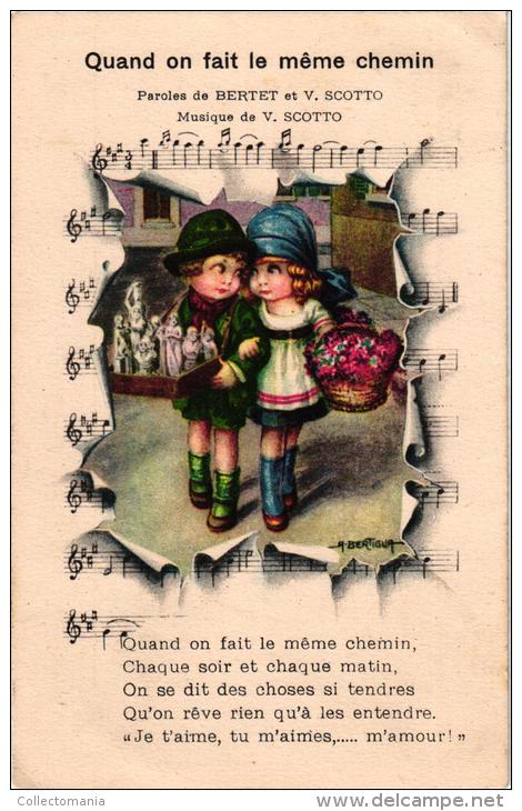 4 Postcards Signed  A. Bertiglia Chansons SONGS Misic Vendeur De Statuettes   Barrel Organ  Orgue De Barbarie - Bertiglia, A.