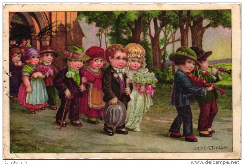 8 Postcards 1926-1930 (voyagé)  Illustrator ART  Signed  A. Bertiglia  Wedding Good Bye  Fishing Humor  Love Train Litho - Bertiglia, A.
