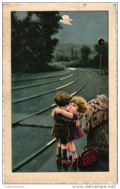 8 Postcards 1926-1930 (voyagé)  Illustrator ART  Signed  A. Bertiglia  Wedding Good Bye  Fishing Humor  Love Train Litho - Bertiglia, A.