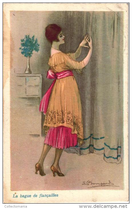 6 Postcards Illustrator  Signed  Bompard   Serie 7907 Jeux De Cartes, Mode Fashion Woman Storia Amore Amour : Il M'aime - Bompard, S.