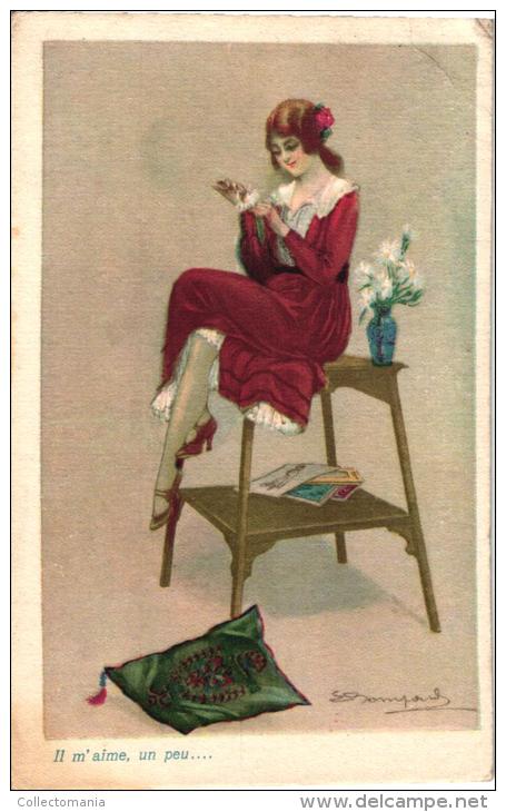 6 Postcards Illustrator  Signed  Bompard   Serie 7907 Jeux De Cartes, Mode Fashion Woman Storia Amore Amour : Il M'aime - Bompard, S.