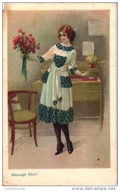 6 postcards Illustrator  signed  Bompard   Serie 7907 Jeux de Cartes, mode fashion woman Storia Amore amour : il m'aime