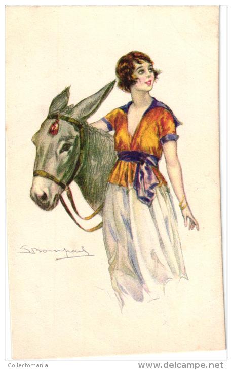 4 Postcards Fascinating Woman  Fashion Mode  ART  Couples Signed Bompard Donkey Umbrella Very Good Condition - Bompard, S.