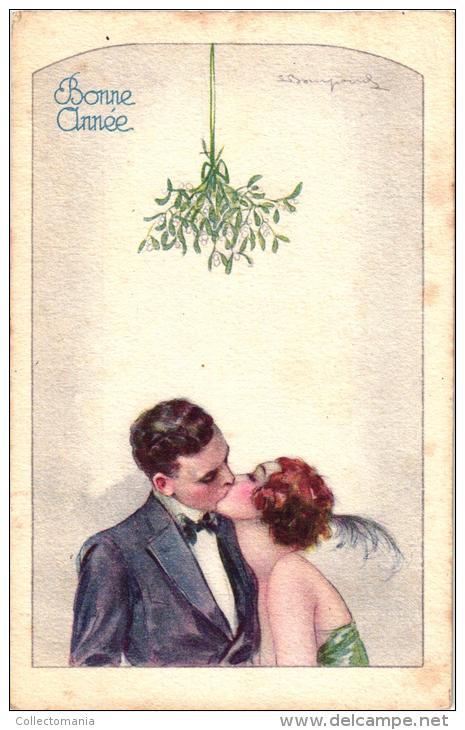 3  Postcards Fascinating Woman  Fashion Mode ART  Couples  Signed Bompard  Glamour  Mistletoe Christmas NOEL VG - Bompard, S.