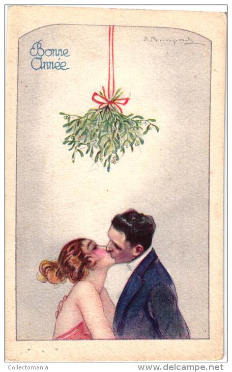 3  Postcards Fascinating Woman  Fashion Mode ART  Couples  Signed Bompard  Glamour  Mistletoe Christmas NOEL VG - Bompard, S.