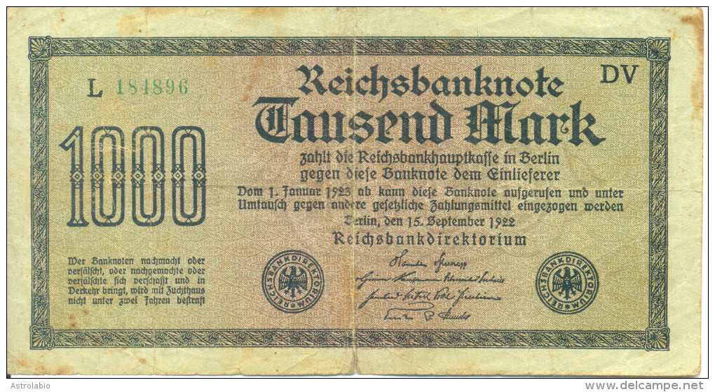 Allemagne " Billet De 1000 Mark "  1922 - 1000 Mark