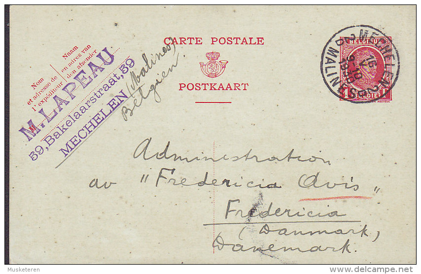 Belgium Postal Stationery Ganzsache Entier M. LAPEAU, MECHELEN Malines 1930 To FREDERICIA Denmark (2 Scans) - Postkarten 1909-1934