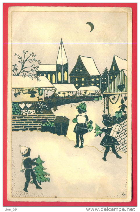 166651 / SILHOUETTE - Illustrator C.H. - CHRISTMAS , LITTLE GIRL BOY TREE MON HOUSE - PITTIUS - Silhouettes