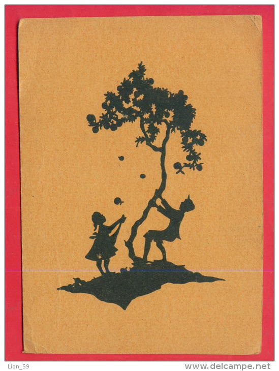 166654 / SILHOUETTE - CZECH Illustrator - Boy Jerk Apple Tree, Girl Picking Apples -L 08 R/0283 Czechoslovakia - Silhouette - Scissor-type