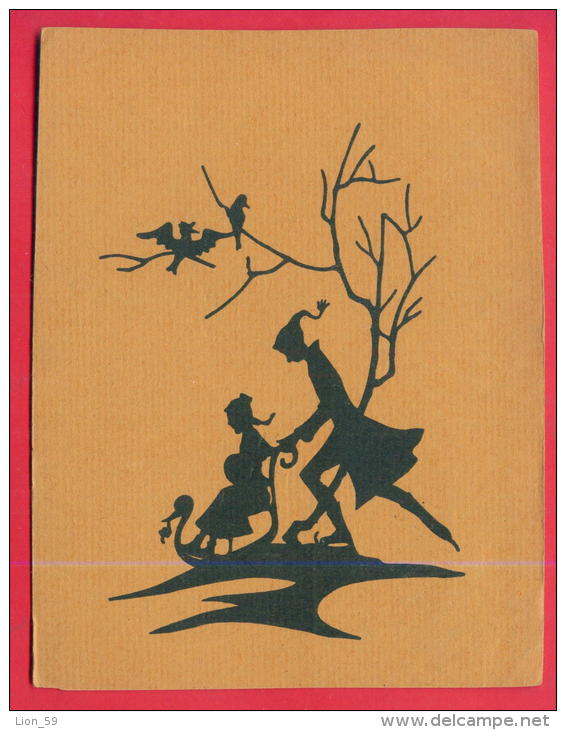 166656 / SILHOUETTE - CZECH Illustrator - MAN SKATIN ,WOMAN SLEDGE SWAN , TREE , BIRD L01 R/0283 Czechoslovakia - Silhouette - Scissor-type