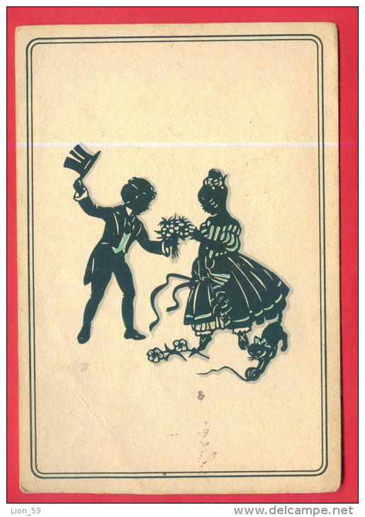 166658 / SILHOUETTE - CZECH Illustrator - YOUNG GENTLEMAN TO GIVE FLOWERS OF LITTLE PRINCESS, CAT Playing - Czechoslovak - Silhouetkaarten