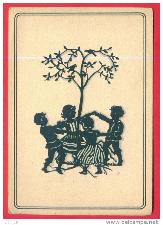 166659 / SILHOUETTE - CZECH Illustrator H. - FOUR LITTLE BOY GIRL DANCE TREE BIRD - MENUETT 4382 Czechoslovakia - Silhouettes