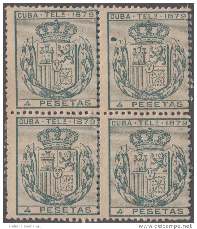 1879-33 CUBA. SPAIN. ESPAÑA. TELEGRAFOS. TELEGRAPH. Ed.48. 1879. BLOQUE DE 4 SIN GOMA. BLOCK 4 WITHOUT GUM. - Telegrafo