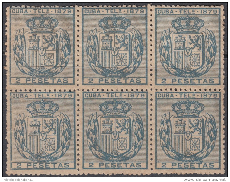 1879-30 CUBA. SPAIN. ESPAÑA. TELEGRAFOS. TELEGRAPH. Ed.48. 1879. BLOQUE DE 6 SIN GOMA. BLOCK 6 WITHOUT GUM. - Telegraafzegels