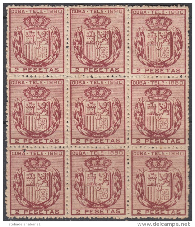 1880-51 CUBA. SPAIN. ESPAÑA. TELEGRAFOS. TELEGRAPH. Ed.50. 1880. BLOQUE DE 9 SIN GOMA. BLOCK 9 WITHOUT GUM. - Telégrafo