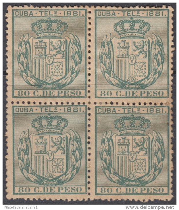 1881-25 CUBA. SPAIN. ESPAÑA. TELEGRAFOS. TELEGRAPH. Ed.54. 1881. BLOCK 4 SIN GOMA. BOCK 4 WITHOUT GUM. - Télégraphes