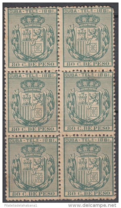 1881-26 CUBA. SPAIN. ESPAÑA. TELEGRAFOS. TELEGRAPH. Ed.54. 1881. BLOCK 6 SIN GOMA. BOCK 6 WITHOUT GUM. - Télégraphes