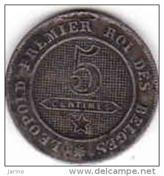 Belgien-Belgium, 5 CENTIMES Cupro Nickel Léopold I 1862 - 5 Cent