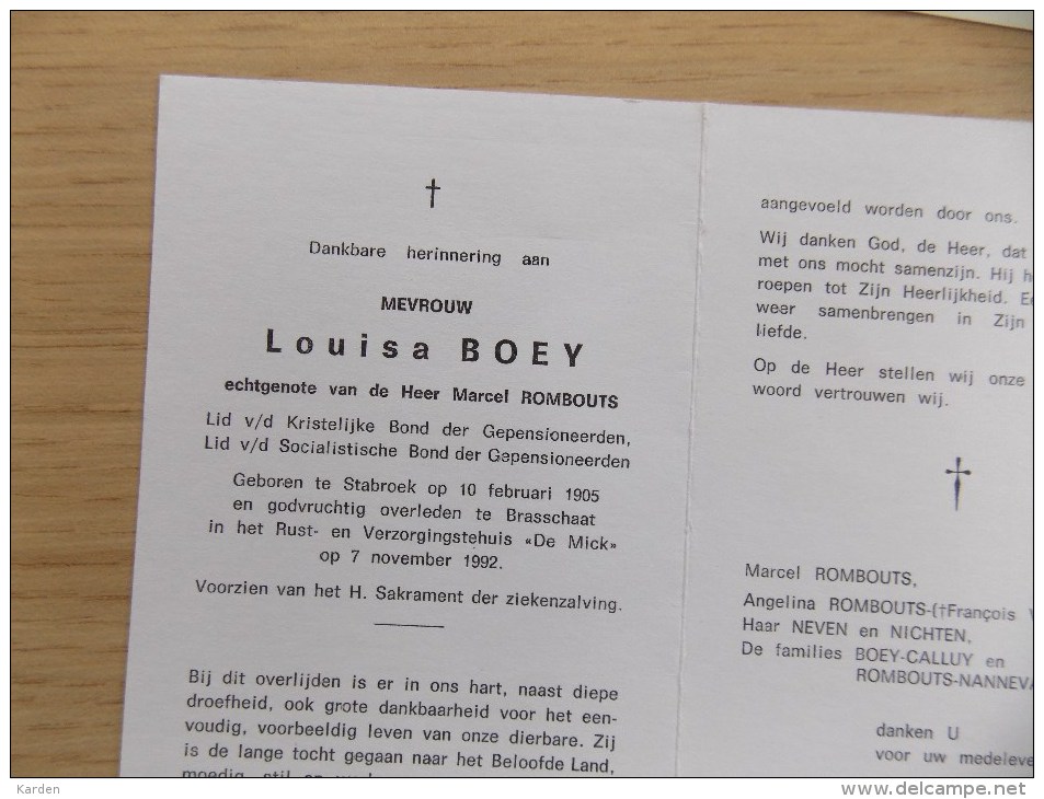 Doodsprentje Louisa Boey Stabroek 10/2/1905 Brasschaat 7/11/1992 ( Marcel Rombouts ) - Godsdienst & Esoterisme