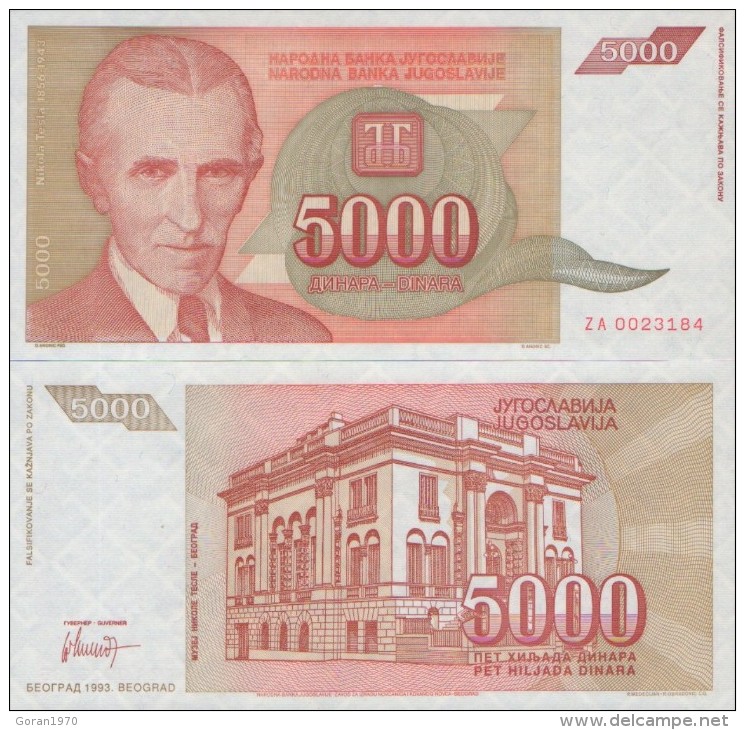 YUGOSLAVIA 5.000 DINARA 1993 , UNC , P-128 , ZA ( Replacement ) - Joegoslavië