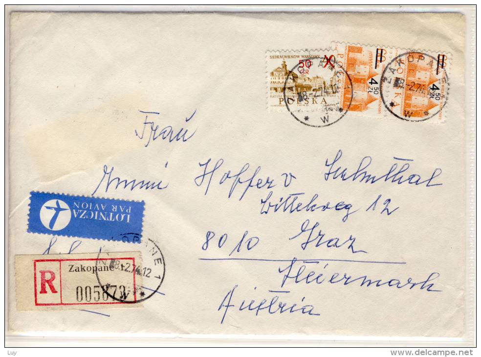 POLSKA - Registered Airmail Letter From ZAKOPANE,  1974 Sent To GRAZ - Flugzeuge