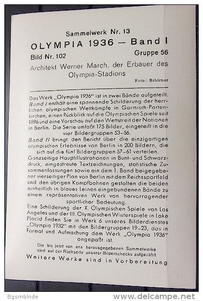 OLYMPIADE 1936 Bilder 8x12cm / Sammelwerk 13 - Gruppe 56 - Olympia-Sammelbild-Nr. 102 - Trading-Karten