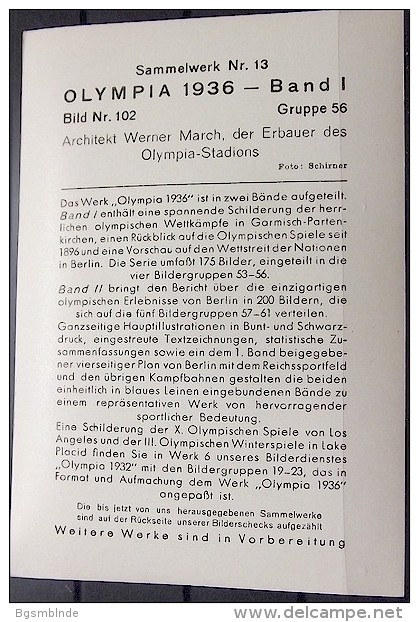 OLYMPIADE 1936 Bilder 8x12cm / Sammelwerk 13 - Gruppe 56 - Olympia-Sammelbild-Nr. 102 - Trading Cards