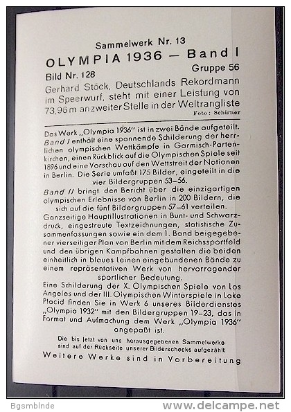 OLYMPIADE 1936 Bilder 8x12cm / Sammelwerk 13 - Gruppe 56 - Olympia-Sammelbild-Nr. 128 - Trading Cards