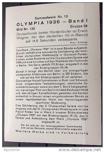 OLYMPIADE 1936 Bilder 8x12cm / Sammelwerk 13 - Gruppe 56 - Olympia-Sammelbild-Nr. 130 - Tarjetas