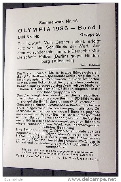 OLYMPIADE 1936 Bilder 8x12cm / Sammelwerk 13 - Gruppe 56 - Olympia-Sammelbild-Nr. 140 - Trading Cards