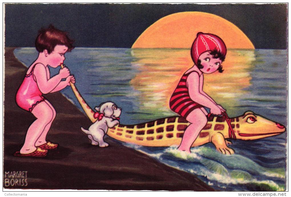 8  Postcards Set Illustrateur Signed Magret Boriss  Fascinating ART Fashion Mode Children Bathing Suites Moonlight - Boriss, Margret