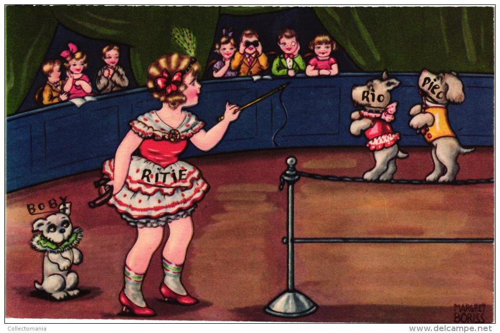 6 Postcards  Set Llustrateur Signed Magret Boriss  Fascinating ART Fashion Mode Children Circus Camping Flying - Boriss, Margret