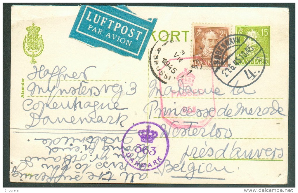 Entier Carte 15 öre + 25 öre Obl. Dc KOPENHAGUE Du 27-6-1945 Par Avion Vers La Princesse De Mérode à Westerloo + Double - Storia Postale